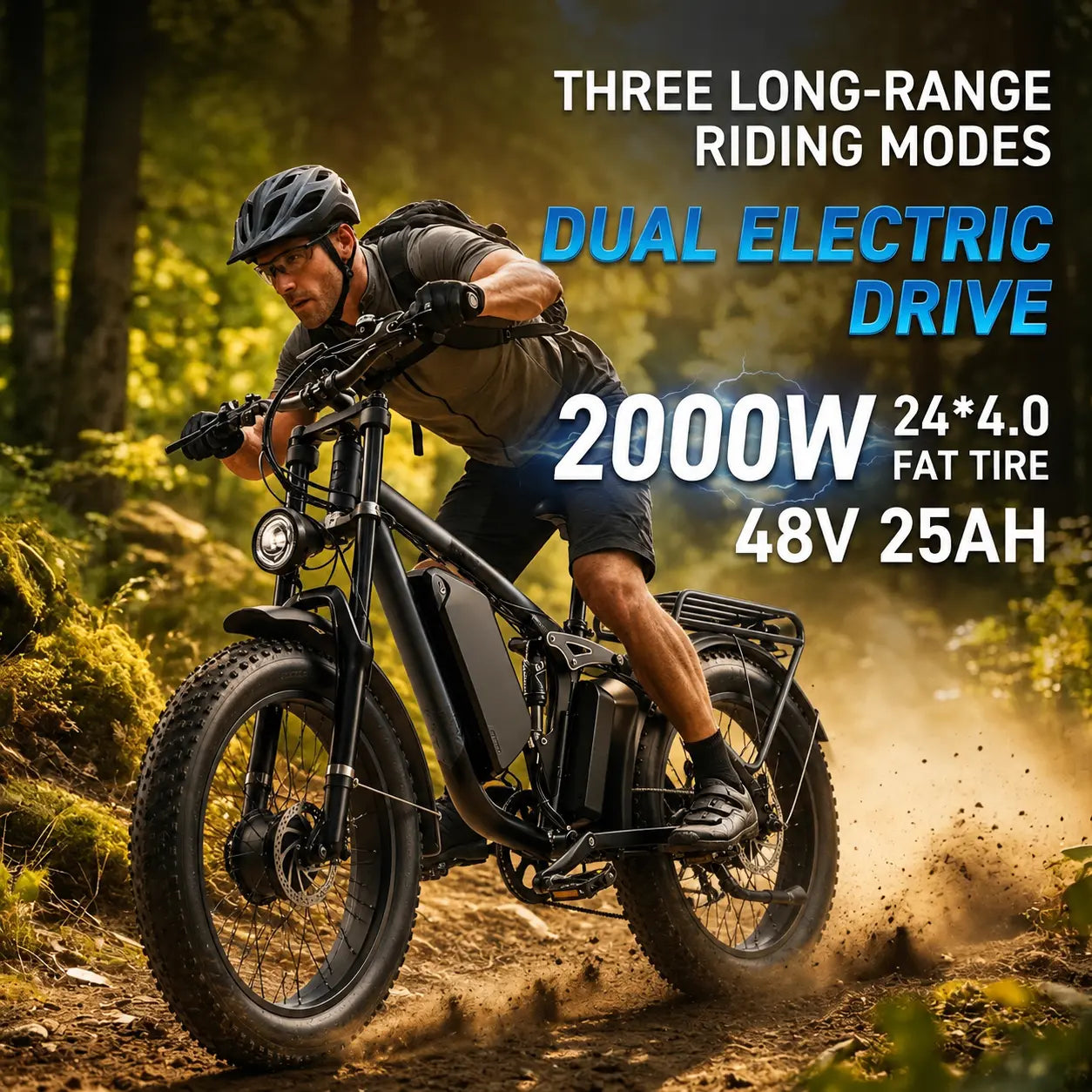 Orzel K17 Electric Bike for Adults with 2000W Peak Dual Motor, 48V 25Ah (1000Wh) Battery Electric Bike,Maximum Load（150Kg） 26'' X 4'' Fat Tire Ebike, 30+MPH Speed, Cruise Control, with Fenders, Rear Rack