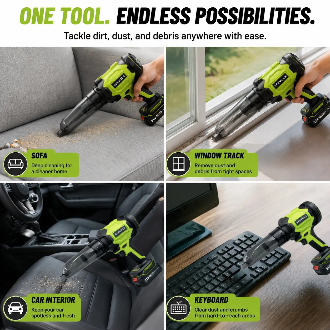 【Dealsforyoudays】Seevolx 2-In-1 Cordless Blower & Vacuum Kit - Handheld 21V Dual Batteries, 6 Adjustable Speeds, Digital Battery Display, Suction/Blower Nozzles, Filter, Charger - Ideal for Car, Home Cleaning, Practical Gifts