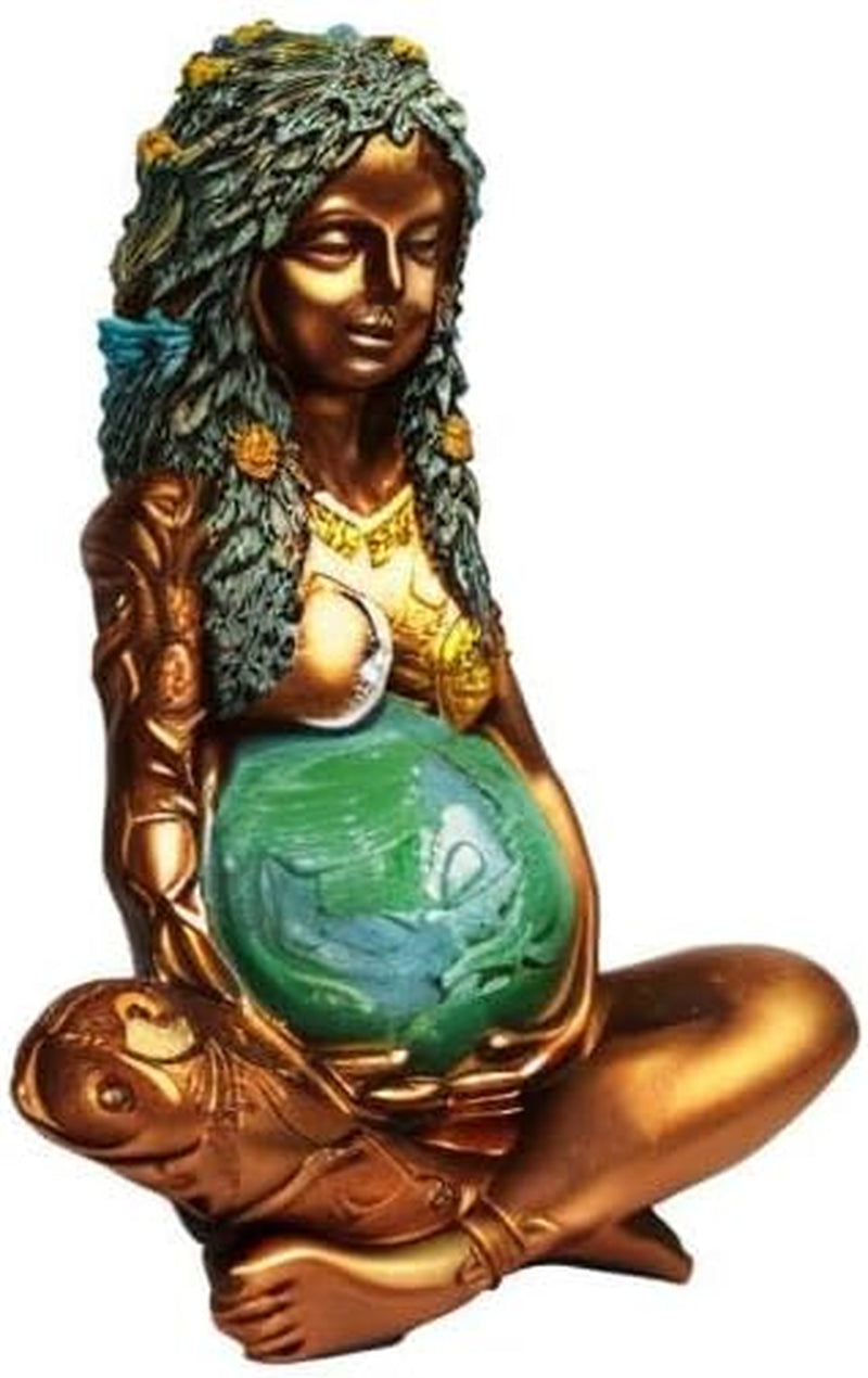 Gaia Mother Earth Goddess Statue, Resin Witchy Spiritual Figurines Pagan Nature Home Room Outdoor Decor, Gold, 6 X 4.2 X 3.6 Inch