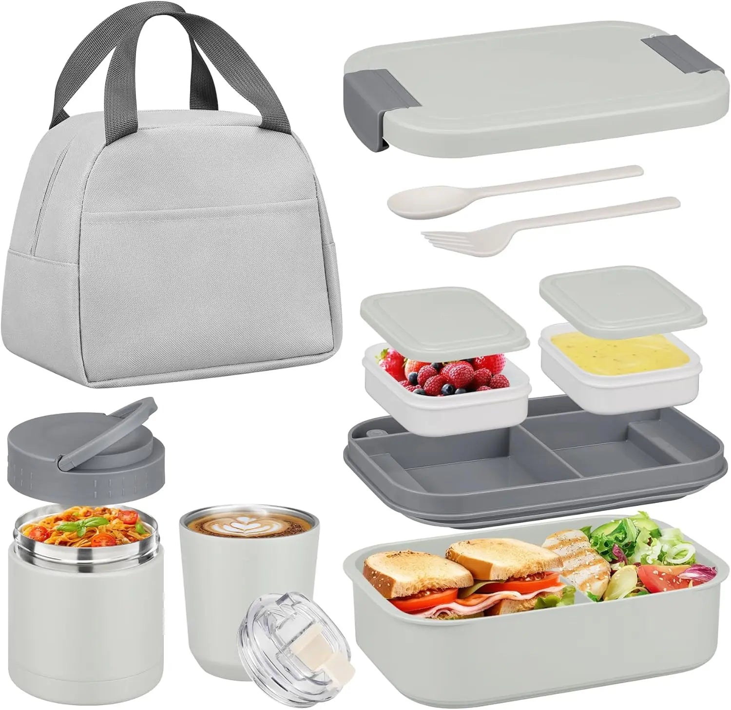 [Summerwins] Bento Lunch Box Set with 10.5Oz Soup Thermo Food Jar for Adults Kids, Stainless Steel Leak-Proof Lunch Container with 4 Compartment, Coffee Tumbler with Lunch Bag for School Travel Office-Grey