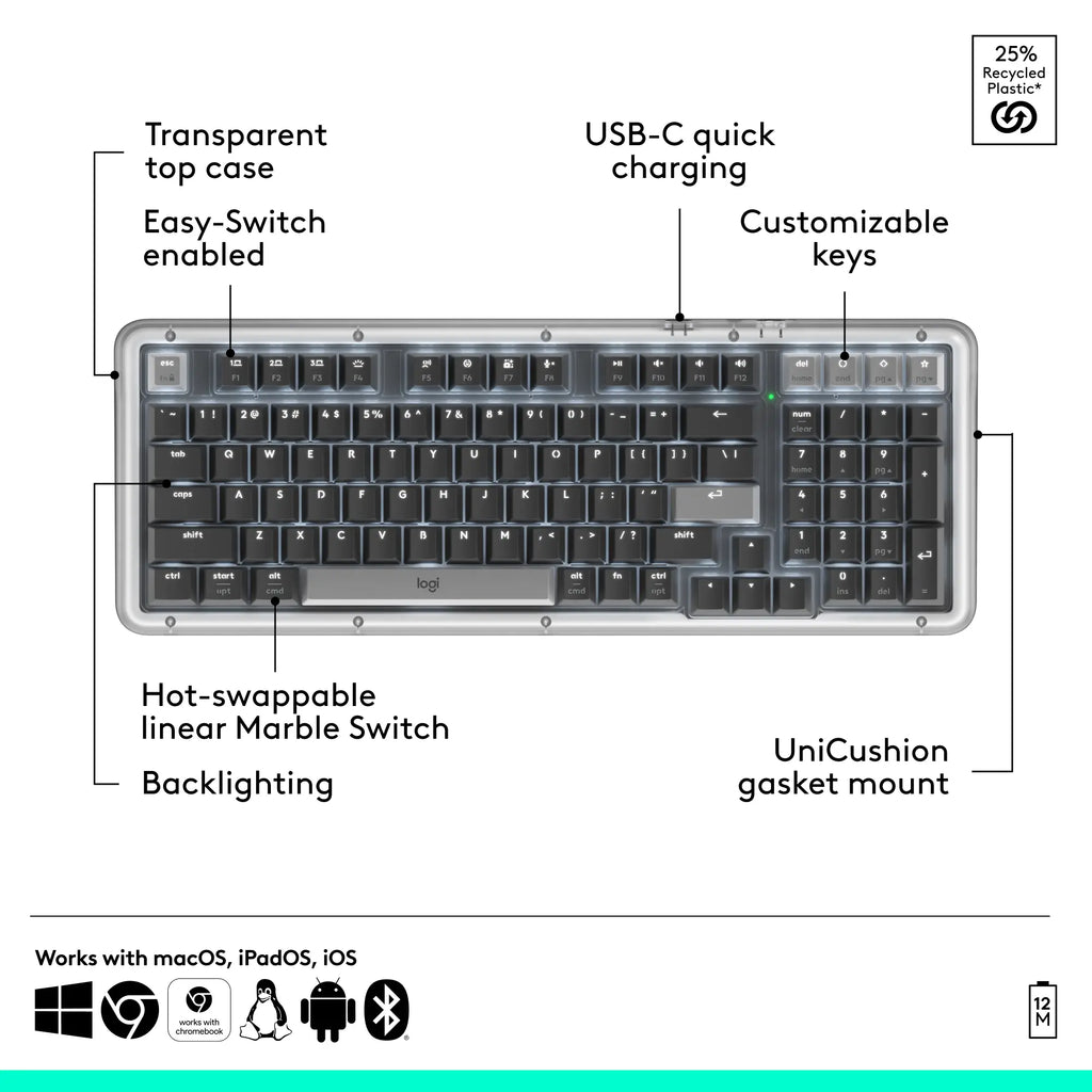 Logitech Alto Keys K98M Full-Sized Durable Multi-Device Bluetooth Mechanical Keyboard, Customizable Switches, Vibration-Absorbing Gasket, Illuminated Backlit Keys, USB-C Charging, for PC, Mac Laptops, Bluetooth Keyboards, Full-Sized Mechanical Keyboards
