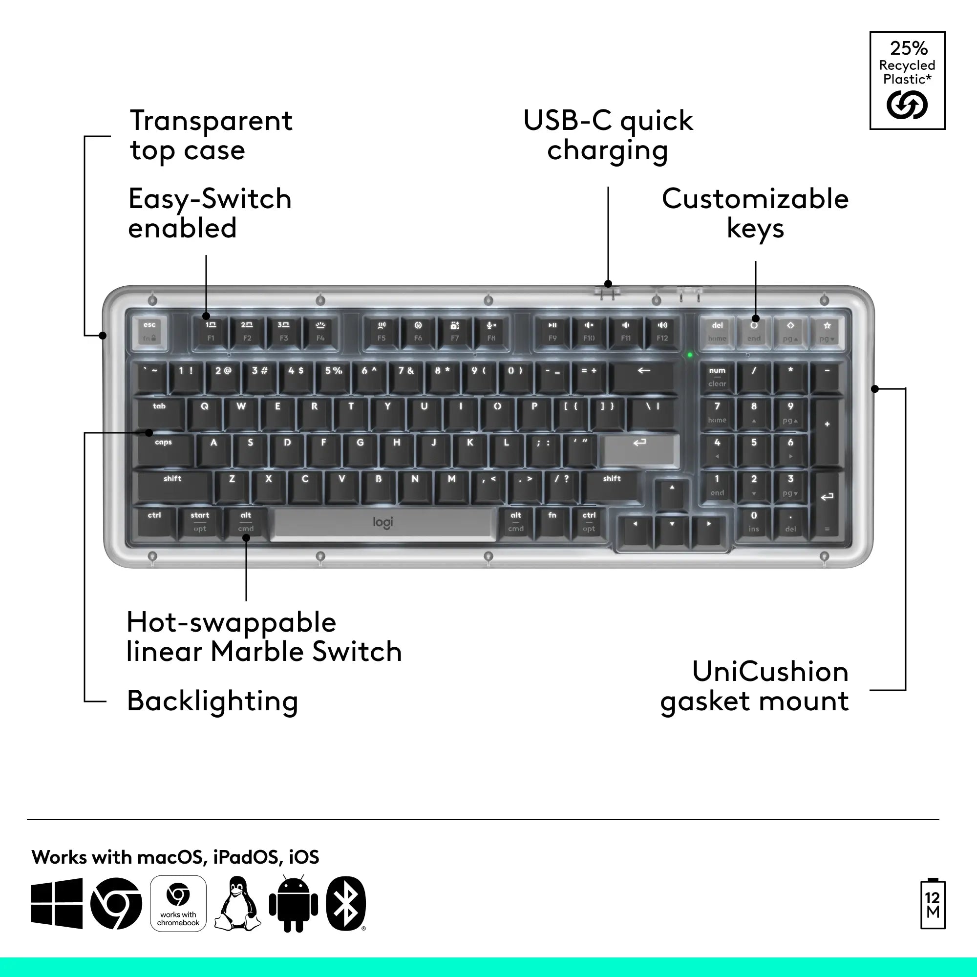 Logitech Alto Keys K98M Full-Sized Durable Multi-Device Bluetooth Mechanical Keyboard, Customizable Switches, Vibration-Absorbing Gasket, Illuminated Backlit Keys, USB-C Charging, for PC, Mac Laptops, Bluetooth Keyboards, Full-Sized Mechanical Keyboards
