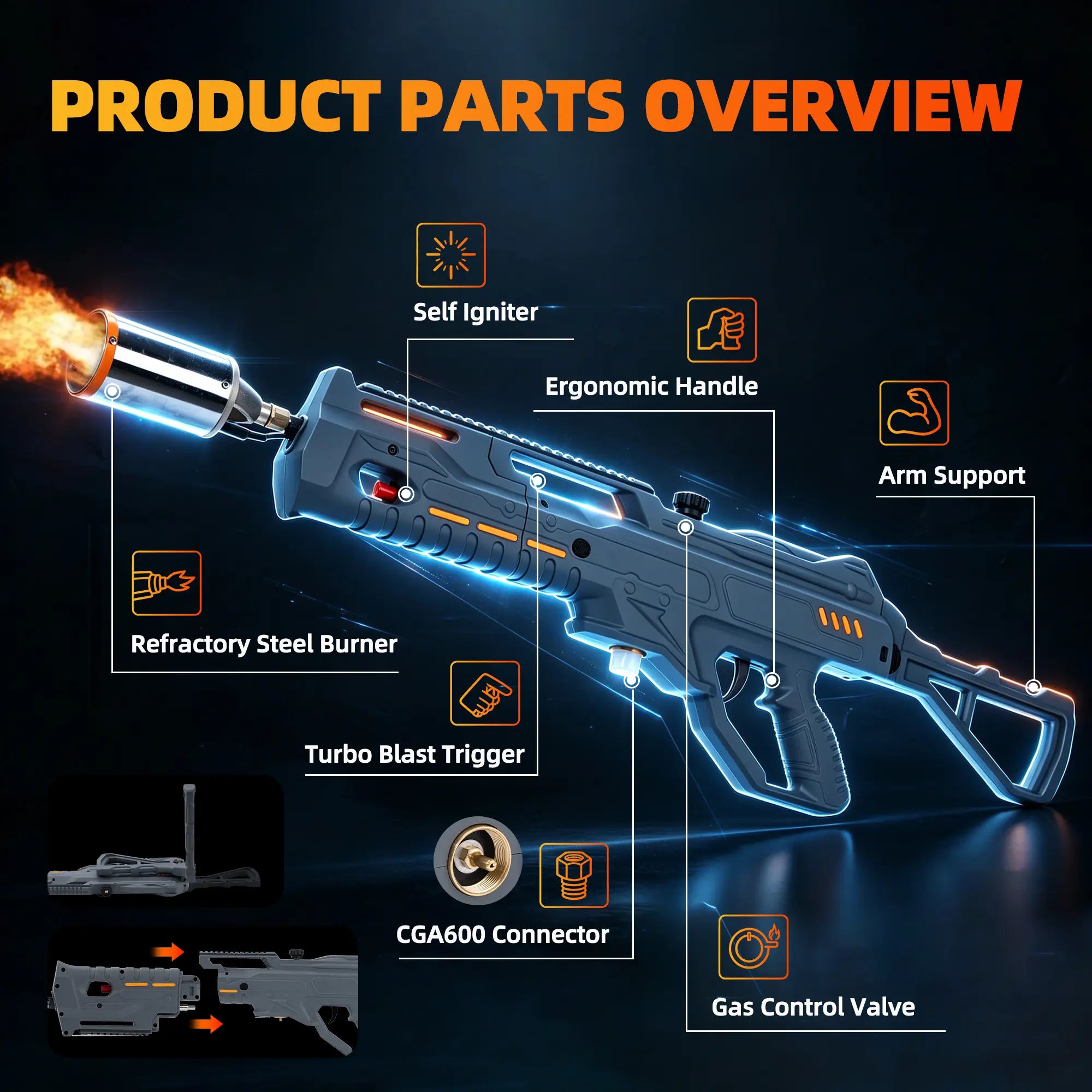 【Dealsforyoudays】Steelite Powerful Blow Torch Gun - Adjustable Flame, Detachable Portable Design, Lightweight Modular Tool for BBQ Campfire Starter, Kitchen Use, Father'S Day Gifts, Mens Gifts (Tank Not Included)