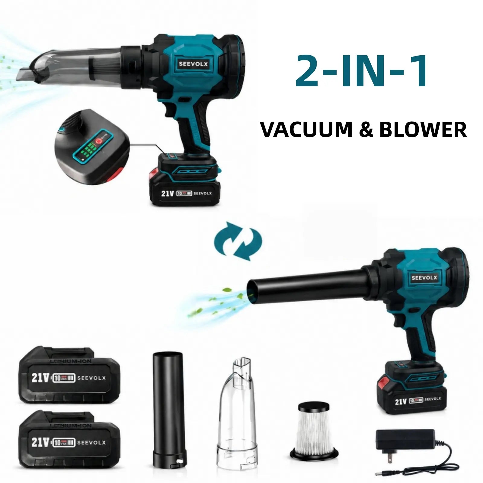 【Dealsforyoudays】Seevolx 2-In-1 Cordless Blower & Vacuum Kit - Handheld 21V Dual Batteries, 6 Adjustable Speeds, Digital Battery Display, Suction/Blower Nozzles, Filter, Charger - Ideal for Car, Home Cleaning, Practical Gifts