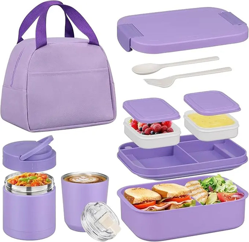 [Summerwins] Bento Lunch Box Set with 10.5Oz Soup Thermo Food Jar for Adults Kids, Stainless Steel Leak-Proof Lunch Container with 4 Compartment, Coffee Tumbler with Lunch Bag for School Travel Office-Grey