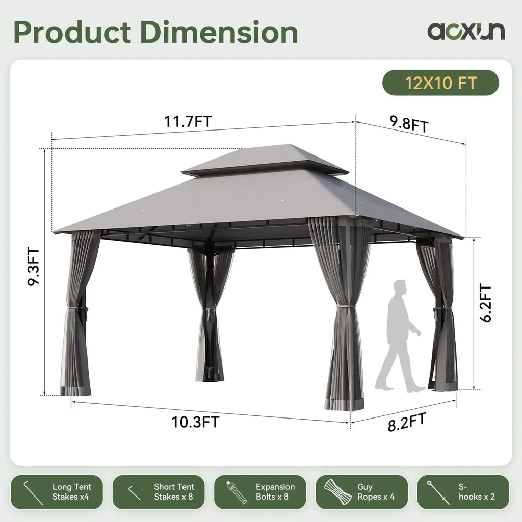 10X12 FT Aoxun Outdoor Gazebo, Heavy Duty Metal Frame Double Roof Canopy Tent with Mosquito Netting , Patio Backyard Lawn Garden Deck Party Shelter, Khaki,Summerwins,Outdoorfurnitureset
