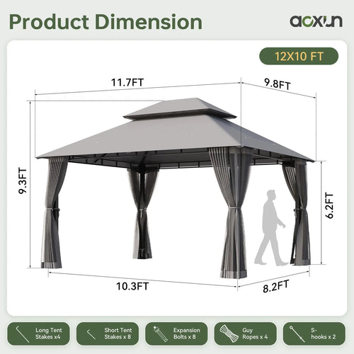 10X12 FT Aoxun Outdoor Gazebo, Heavy Duty Metal Frame Double Roof Canopy Tent with Mosquito Netting , Patio Backyard Lawn Garden Deck Party Shelter, Khaki,Summerwins,Outdoorfurnitureset