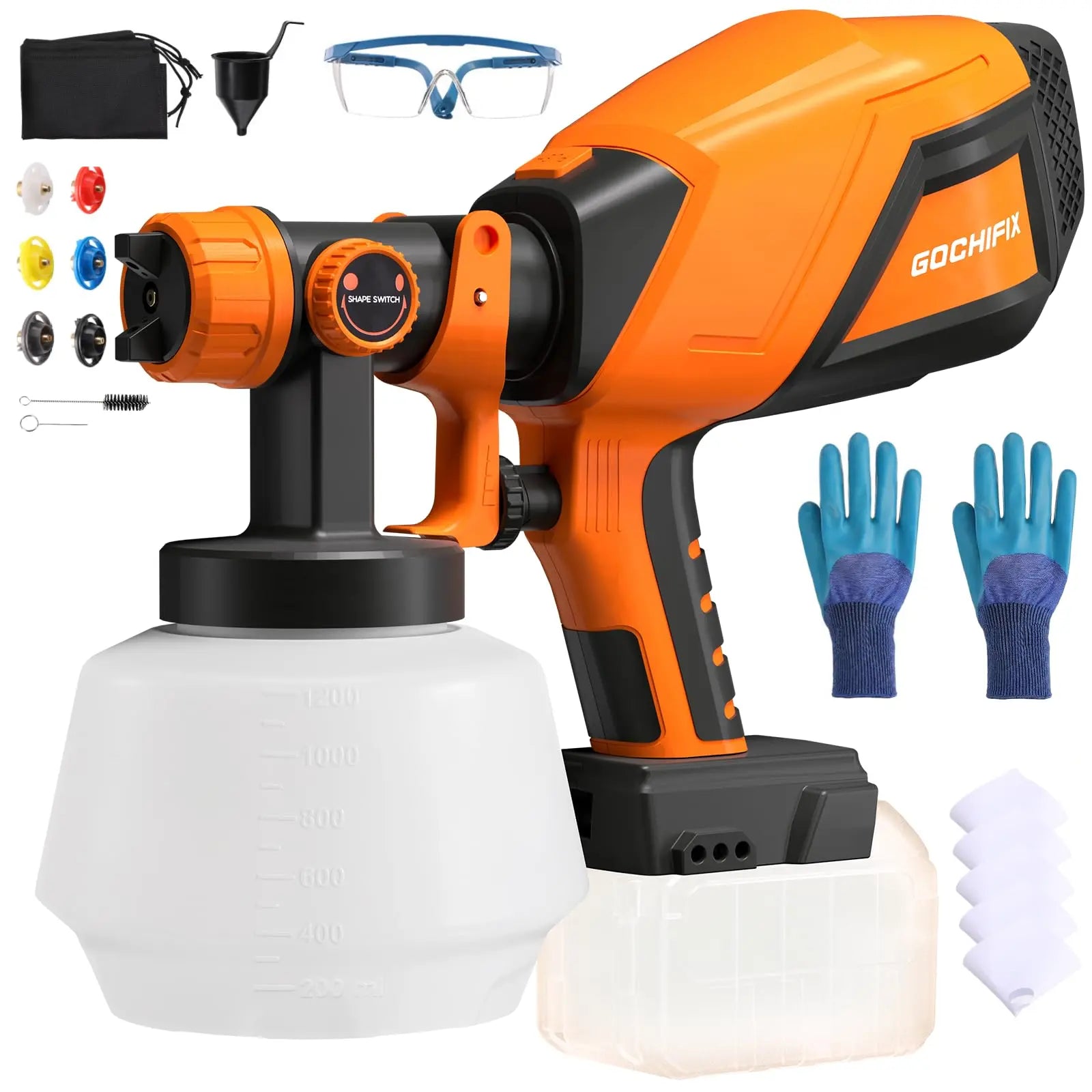 Cordless HVLP Electric Spray Gun, 3 Optional Types: 2*4.5Ah Battery, Dewalt 20V Compatible No Battery, Milwaukee 18V Compatible No Battery, 6 Nozzles, Adjustable Flow & Width Control, 1200Ml Container, Easy to Clean for House Furniture DIY Painting