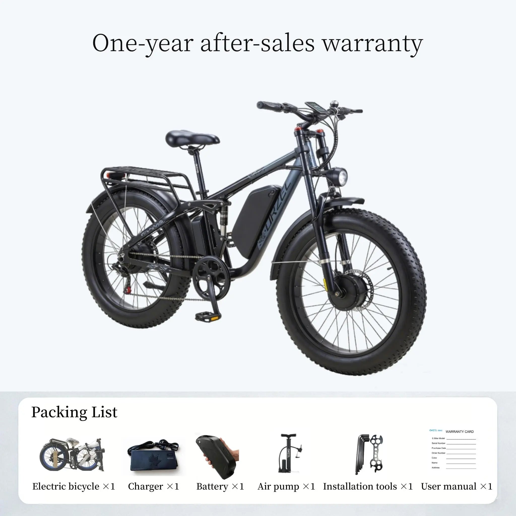 Orzel K17 Electric Bike for Adults with 2000W Peak Dual Motor, 48V 25Ah (1000Wh) Battery Electric Bike,Maximum Load（150Kg） 26'' X 4'' Fat Tire Ebike, 30+MPH Speed, Cruise Control, with Fenders, Rear Rack