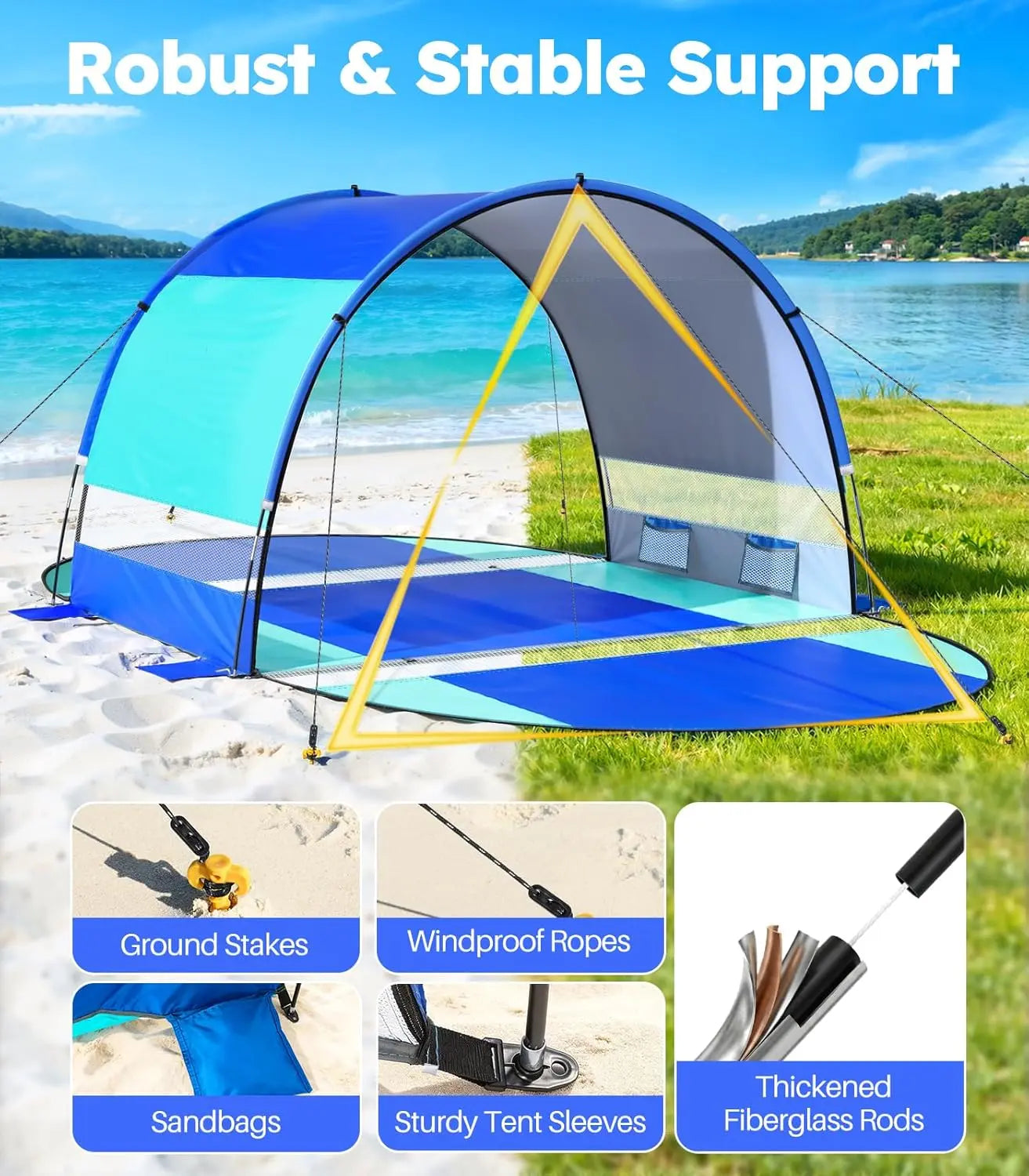 Rhino Valley Beach Tent with Double Zippered Doors, Beach Tent Sun Shelter with UPF50+ UV Protection, Beach Canopy Portable Storage Bag for Beach Camping Fishing, for 2-3 People