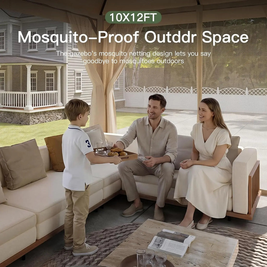 10X12 FT Aoxun Outdoor Gazebo, Heavy Duty Metal Frame Double Roof Canopy Tent with Mosquito Netting , Patio Backyard Lawn Garden Deck Party Shelter, Khaki,Summerwins,Outdoorfurnitureset