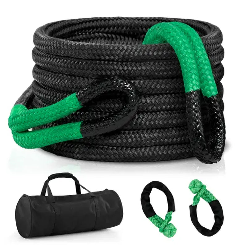 Kinetic Recovery Tow Rope, 54200Lbs (1.25In X 30Ft Black & Green with Soft Shackle) Heavy Duty 35% Elasticity Energy Offroad Snatch Strap, Nylon & Polyester Vehicle Recovery Kit for Jeep Truck ATV UTV SUV