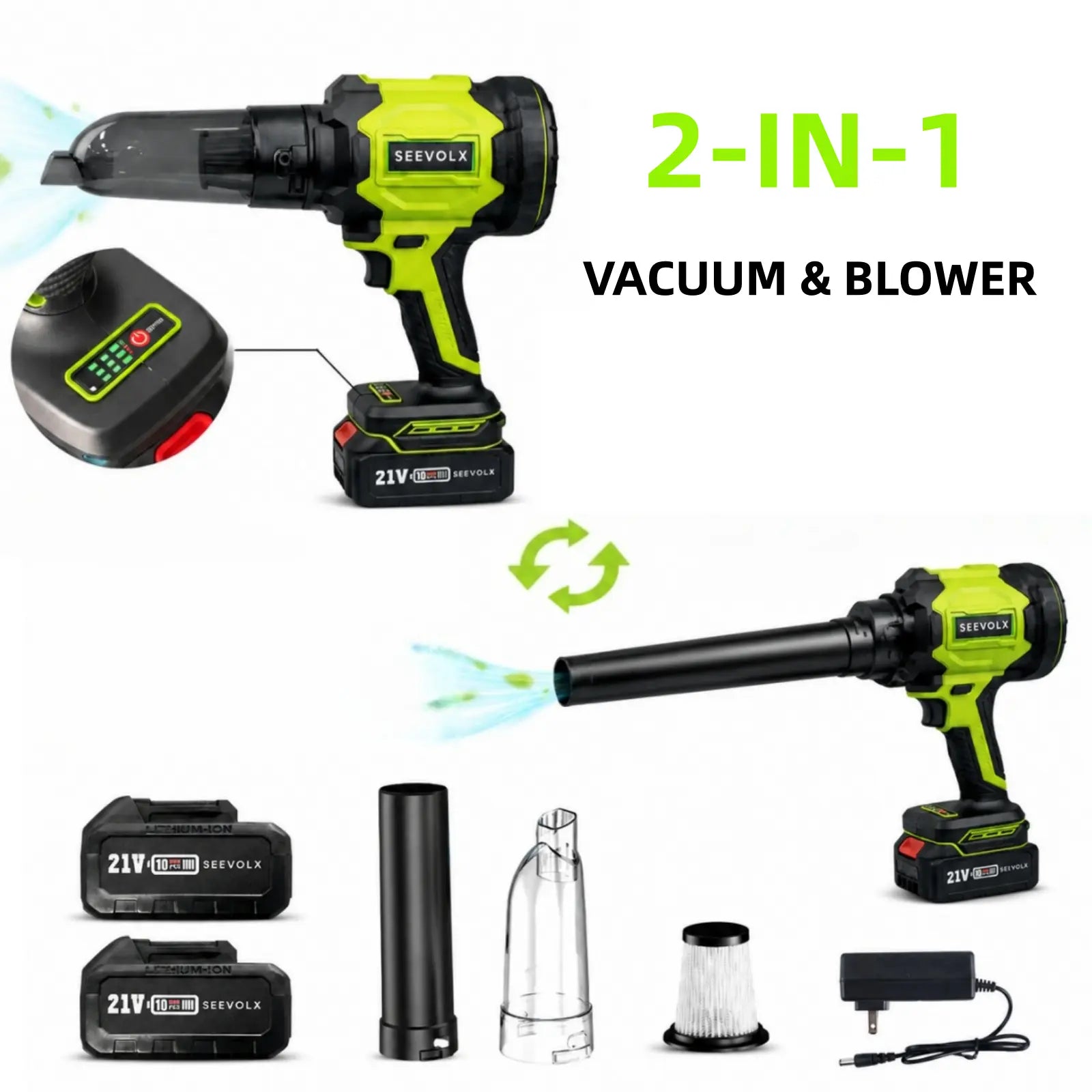 【Dealsforyoudays】Seevolx 2-In-1 Cordless Blower & Vacuum Kit - Handheld 21V Dual Batteries, 6 Adjustable Speeds, Digital Battery Display, Suction/Blower Nozzles, Filter, Charger - Ideal for Car, Home Cleaning, Practical Gifts